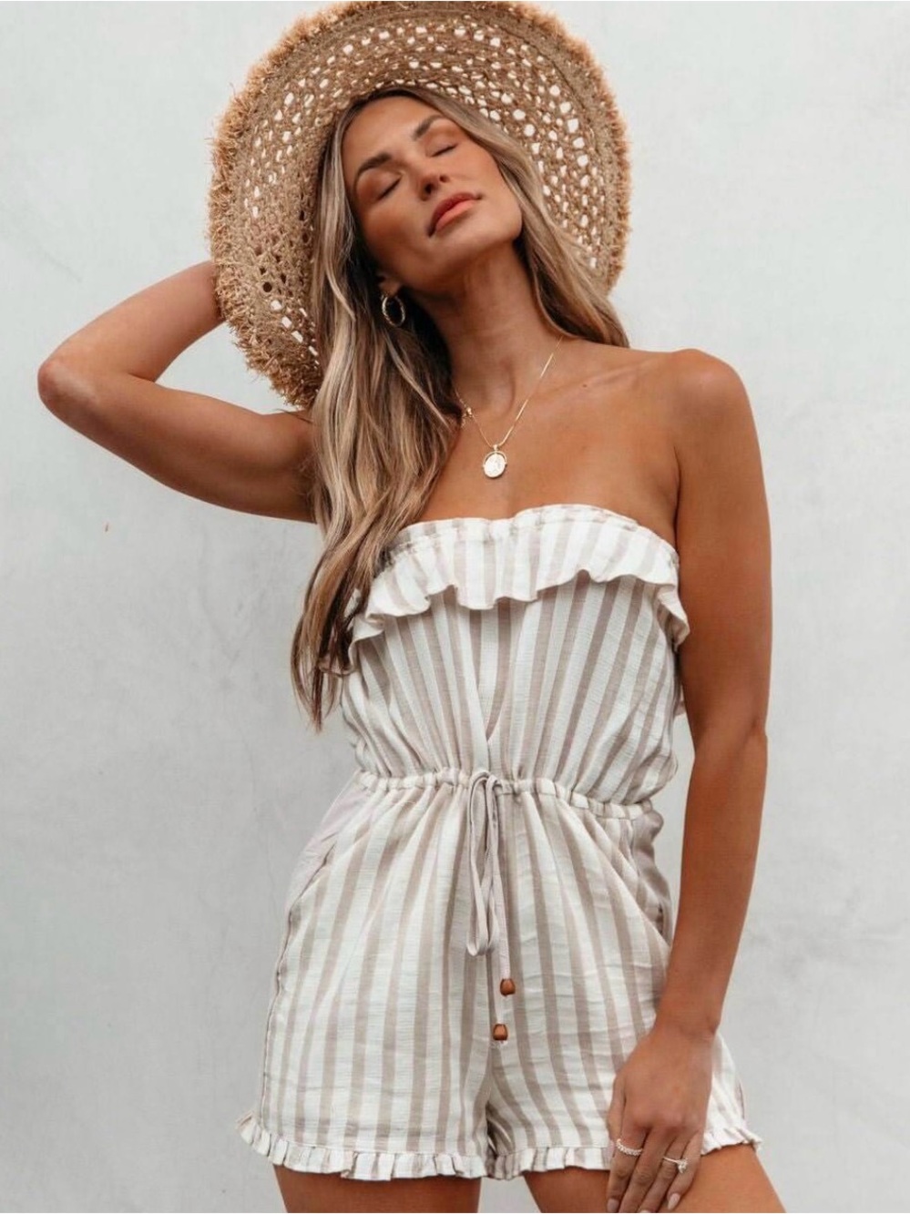Hem & Thread Striped Strapless Ruffle Romper in Cream and Taupe